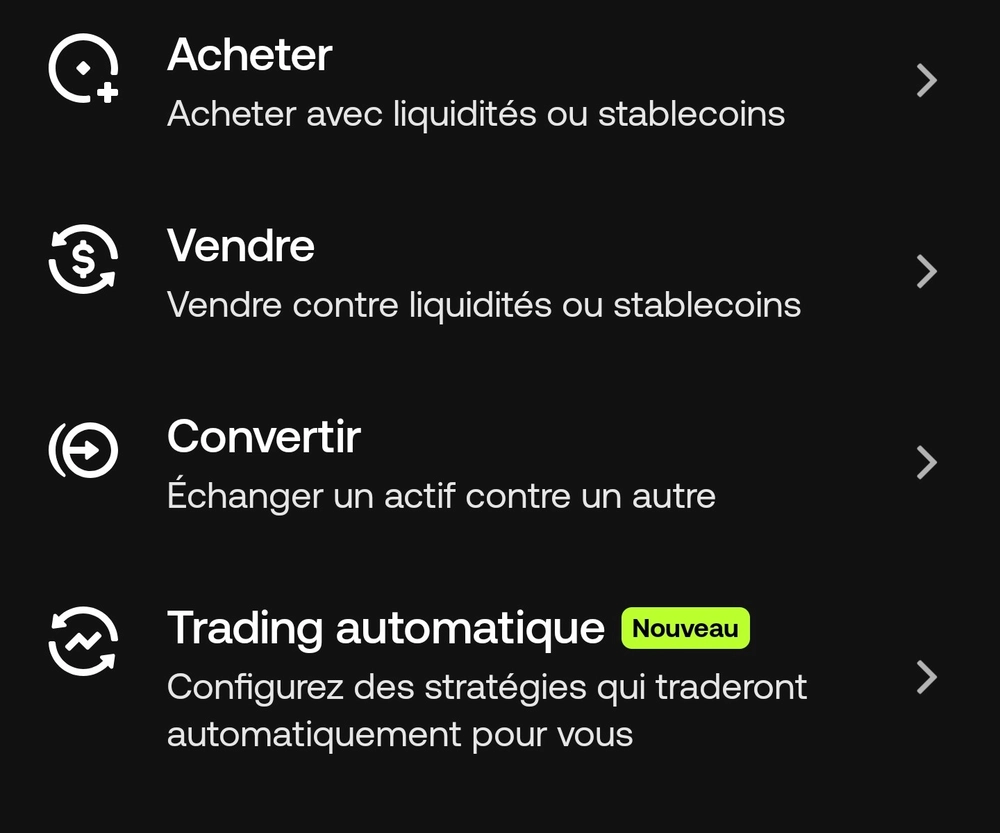 Actions possibles okx basique mobile