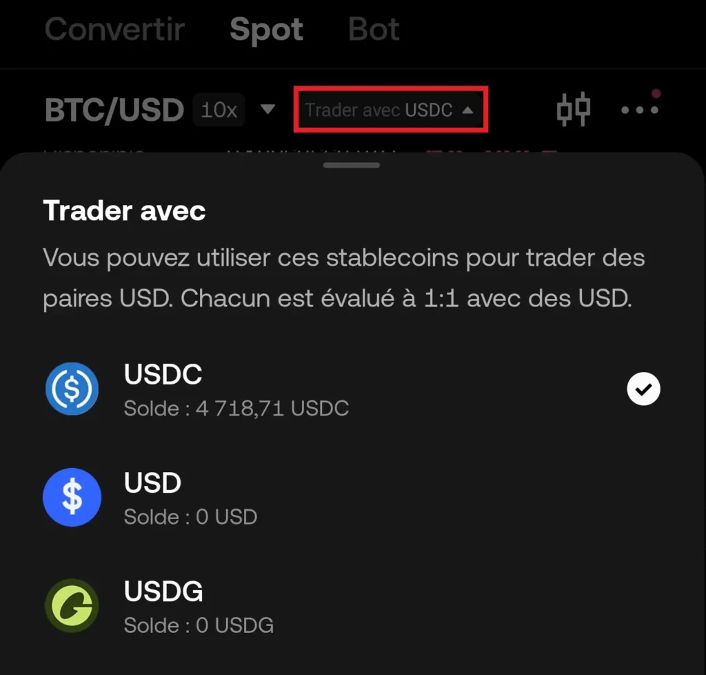 Choix actif trade paire okx