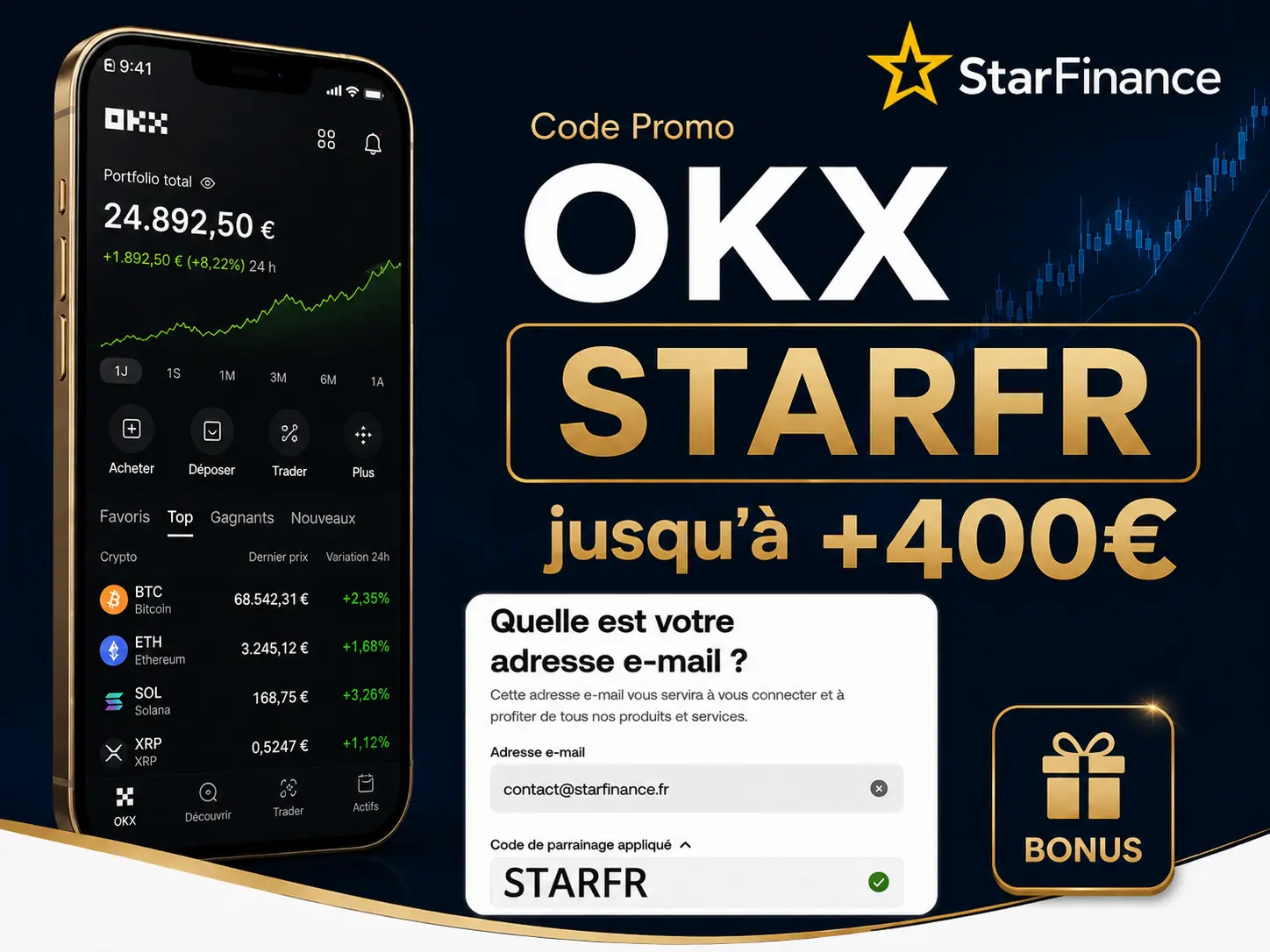 Code promo OKX STARFR : jusqu’à 400 € de bonus offerts