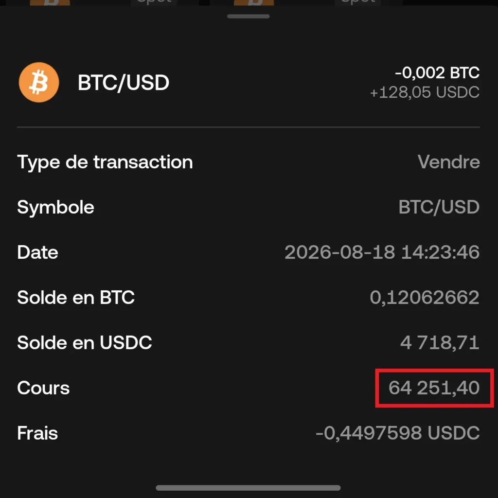 Frais ordre spot btc usdc